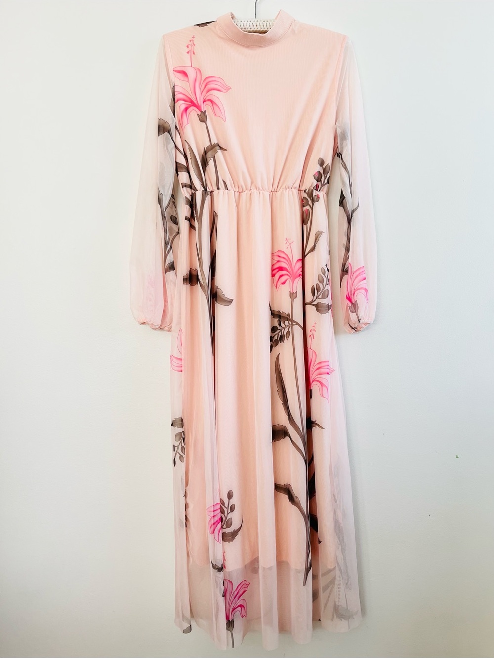 [Shein] Long Sleeve High Neck Floral Mesh Long